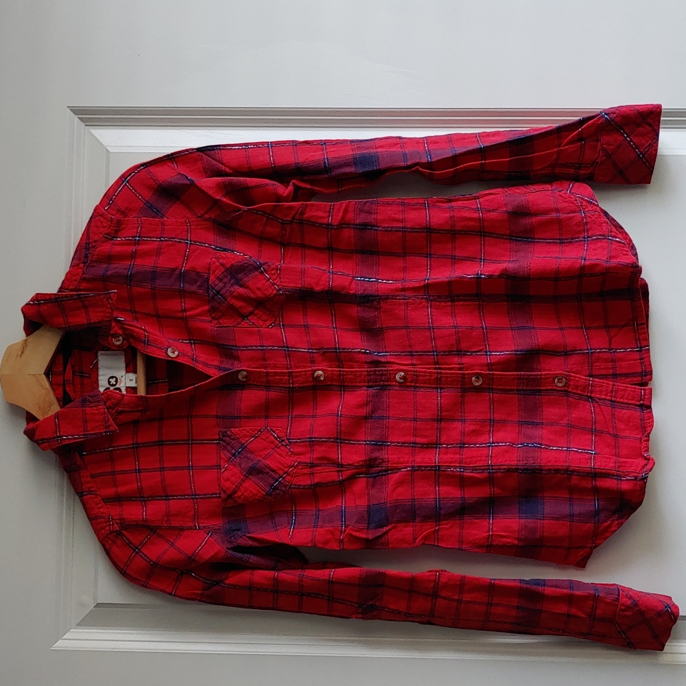 Button down plaid shirt with metallic thread